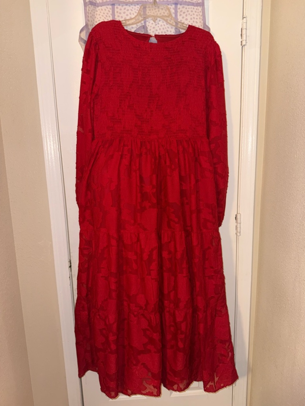 Women’s Red Maxi Skirted Dress with Textured Bodice